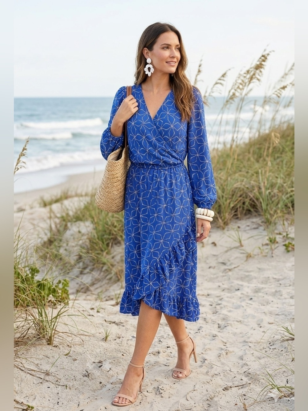 Plenty by Tracy Reese Blue Geometric Wrap Midi Dress Asymmetrical Ruffle Size M